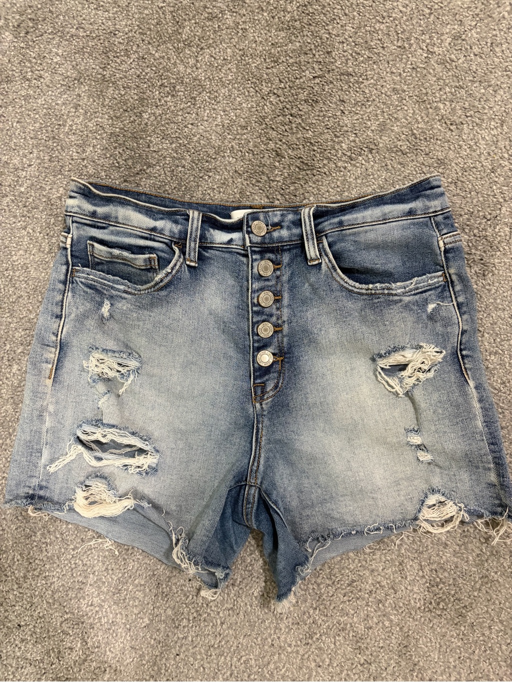 High-Rise Distressed Denim Shorts - Light Blue